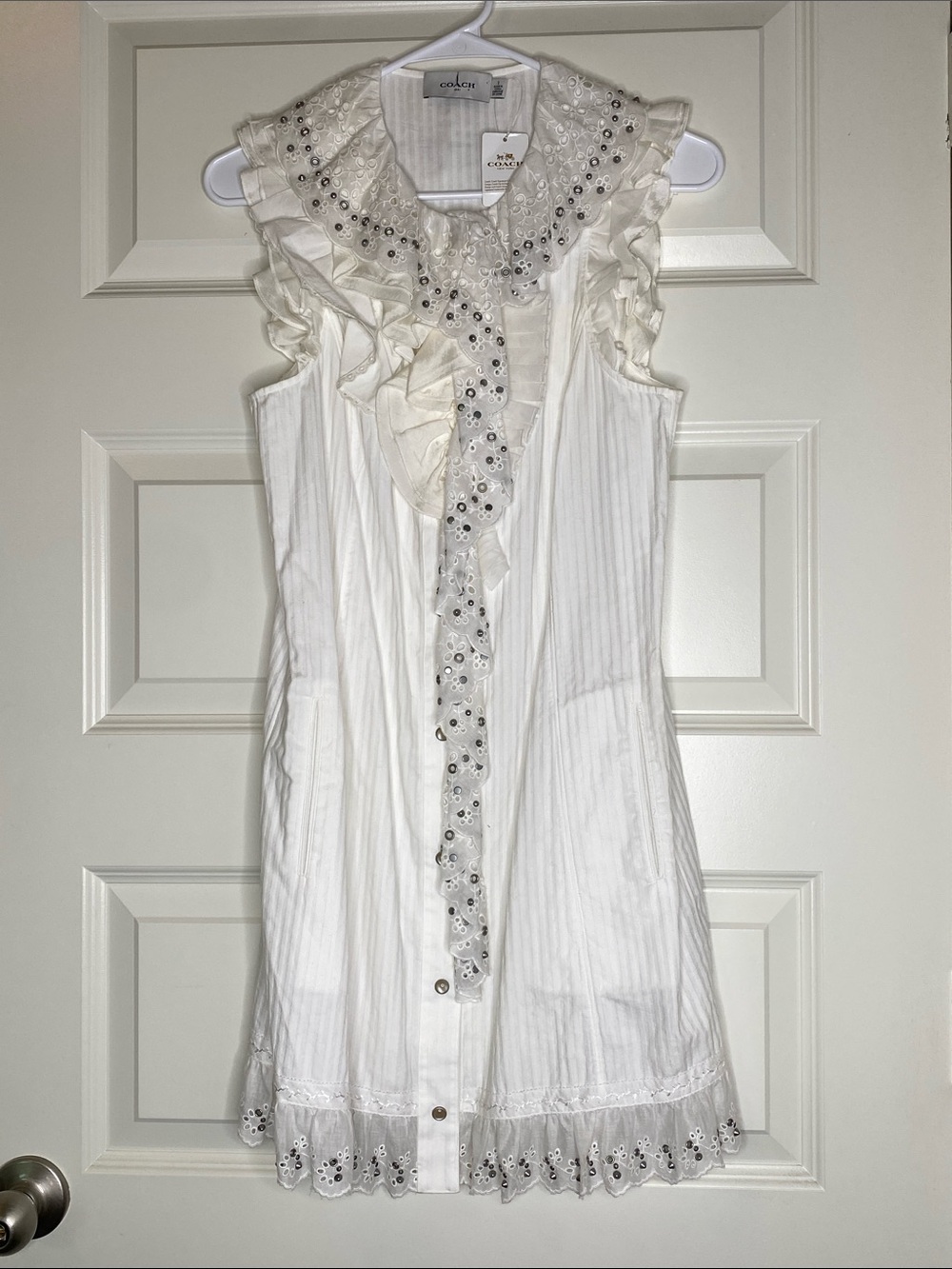Coach White Ruffle Eyelet Sleeveless Mini Dress